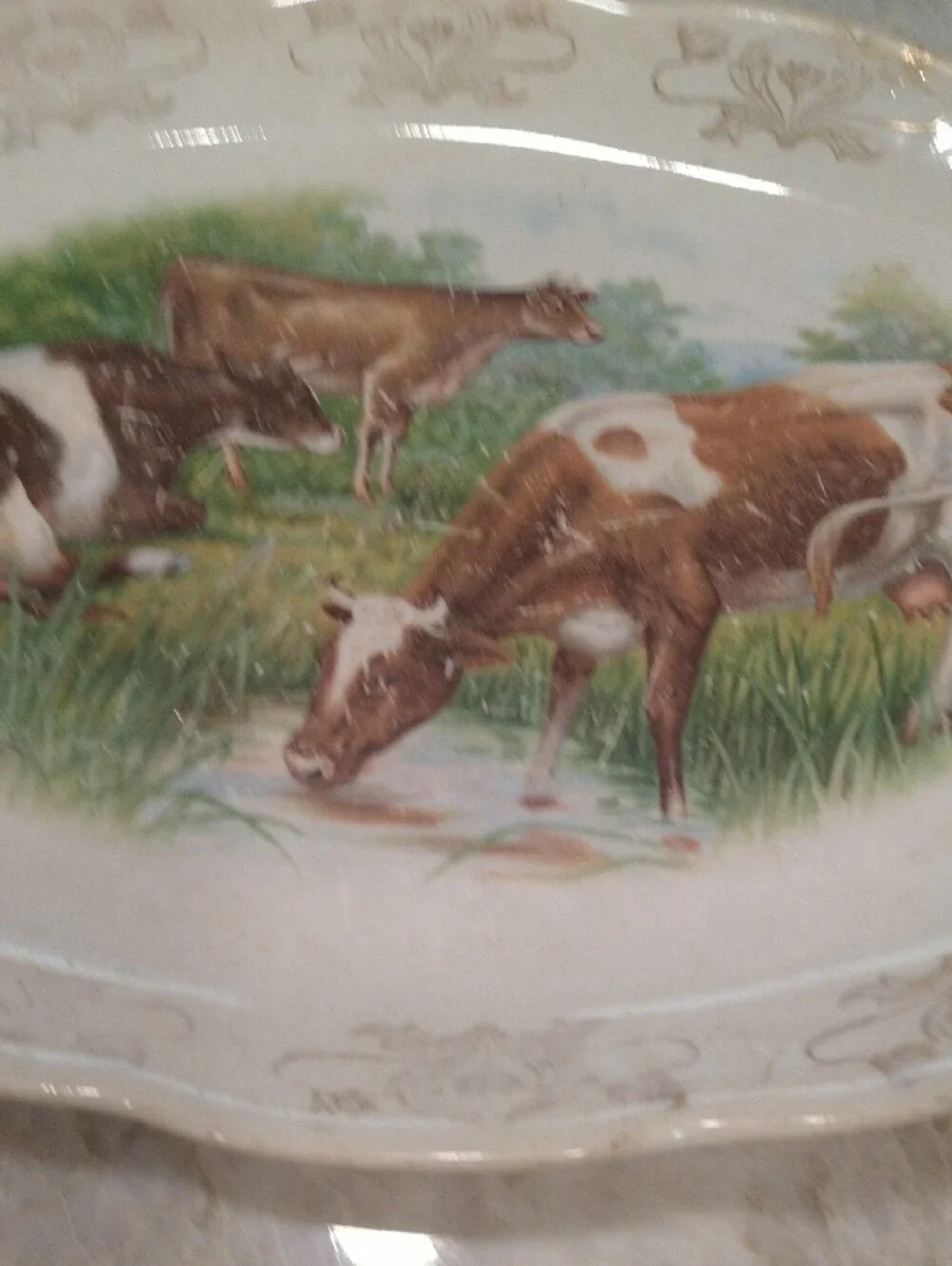 Antique Brown and White Cow Motif Ceramic Serving Platter Signed